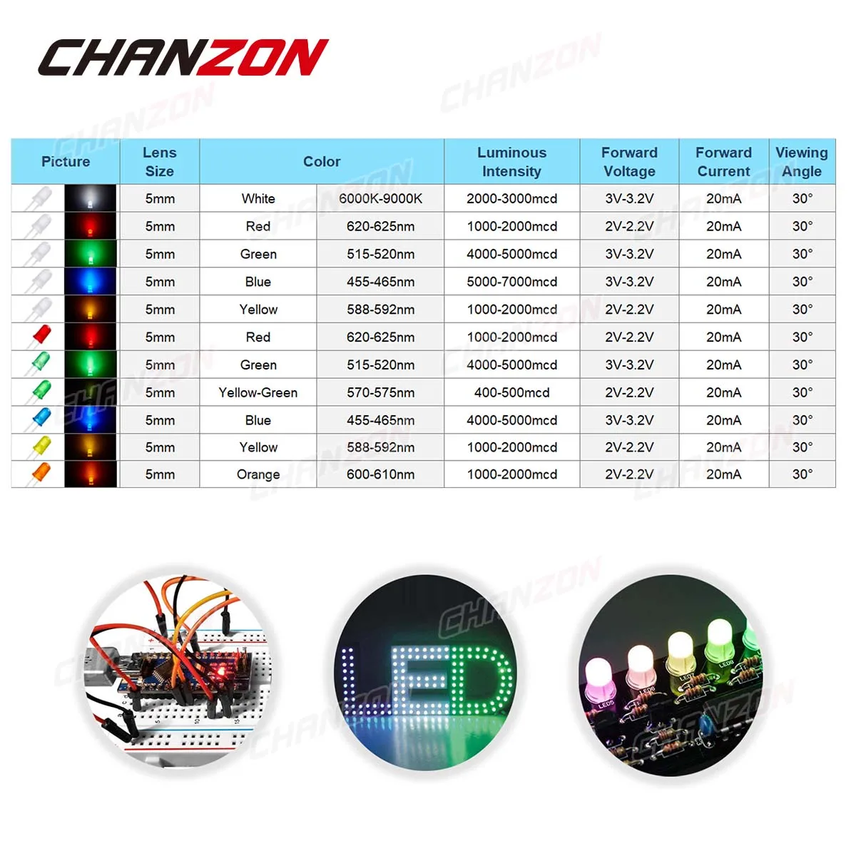 5mm Diffused LED Diode Kit Lamp Light Emitting Diode Bulb Indicator 5 mm White Red Blue Green Orange Yellow 3V DIY Set Assorted