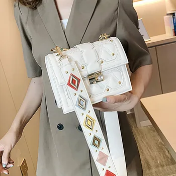 

ETAILL Colorful Wide Strap Fashion Female Square Bag 2019 PU Leather Women's Designer Handbag Rivet Lock Chain Shoulder Messeng