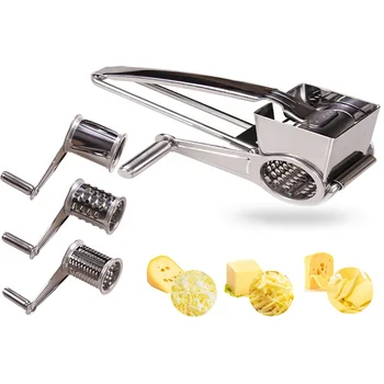 

Rotary Cheese Grater Vegetable Cutter Slicer Shredder with 3 Interchanging Rotary Cylinders Stainless Steel Drums & Slicer