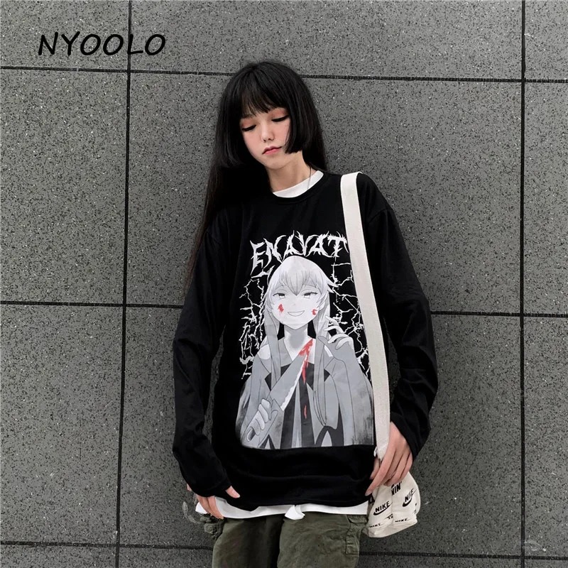 NYOOLO Harajuku стиль мультфильм ужас девушка с буквенным принтом Футболка Осенняя уличная одежда с длинным рукавом Футболка женская мужская одежда Топ