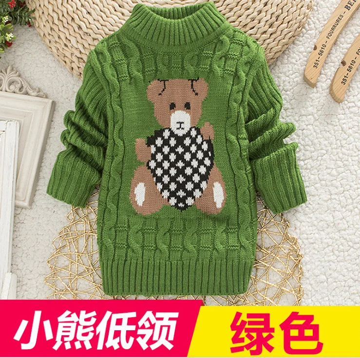 Детский зимний свитер с рисунком медведя; Хлопковые вязаные топы для маленьких мальчиков и девочек; мягкий теплый свитер для детей; повседневные пуловеры для малышей - Цвет: Low Collar Green