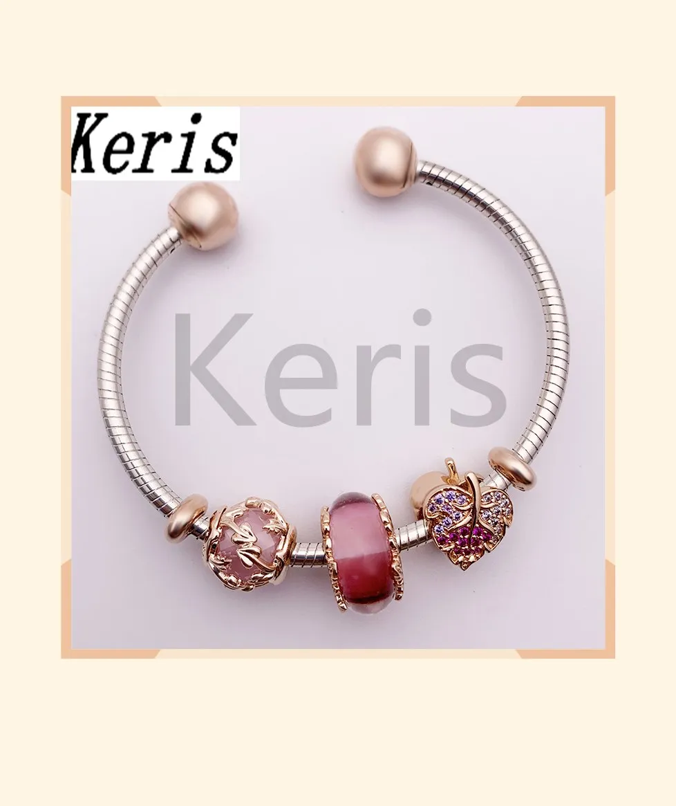 

Jewelry 100% S925 1: 1 Forest Magic Rose Gold and Pink Enamel Deciduous Bracelet With Opening Bracelet For Gift