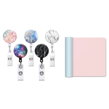 

5 Pcs Scalable ID Badge Clip With Clip & 1 Pcs Large Desk Pad Mouse Pad, 36 Inch X 17 Inch PU Leather