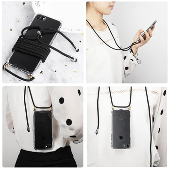 

For iPhone 7 Case Lanyard Neck Strap Retractable String Silicone Airbag Cover Clear For iphone X XS 11 Pro Max XR 6 6S 8 7 Plus