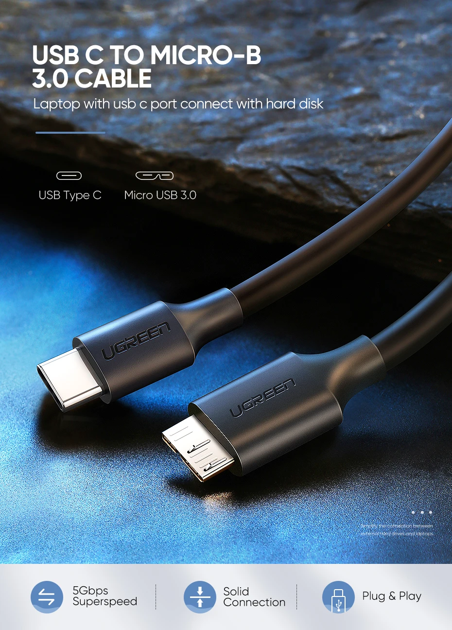 Ugreen USB C к Micro B 3,0 кабель 5 Гбит/с 3 А шнур для быстрой синхронизации данных для Macbook жесткий диск HDD SSD чехол usb type C Micro B кабель