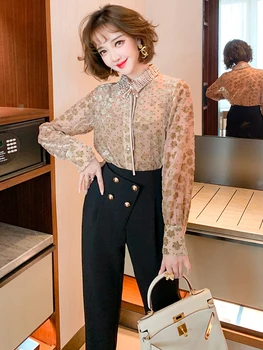 

Diamond lapel flocked flower mesh shirt + high waist slim tapered pants suit women 2020 autumn new