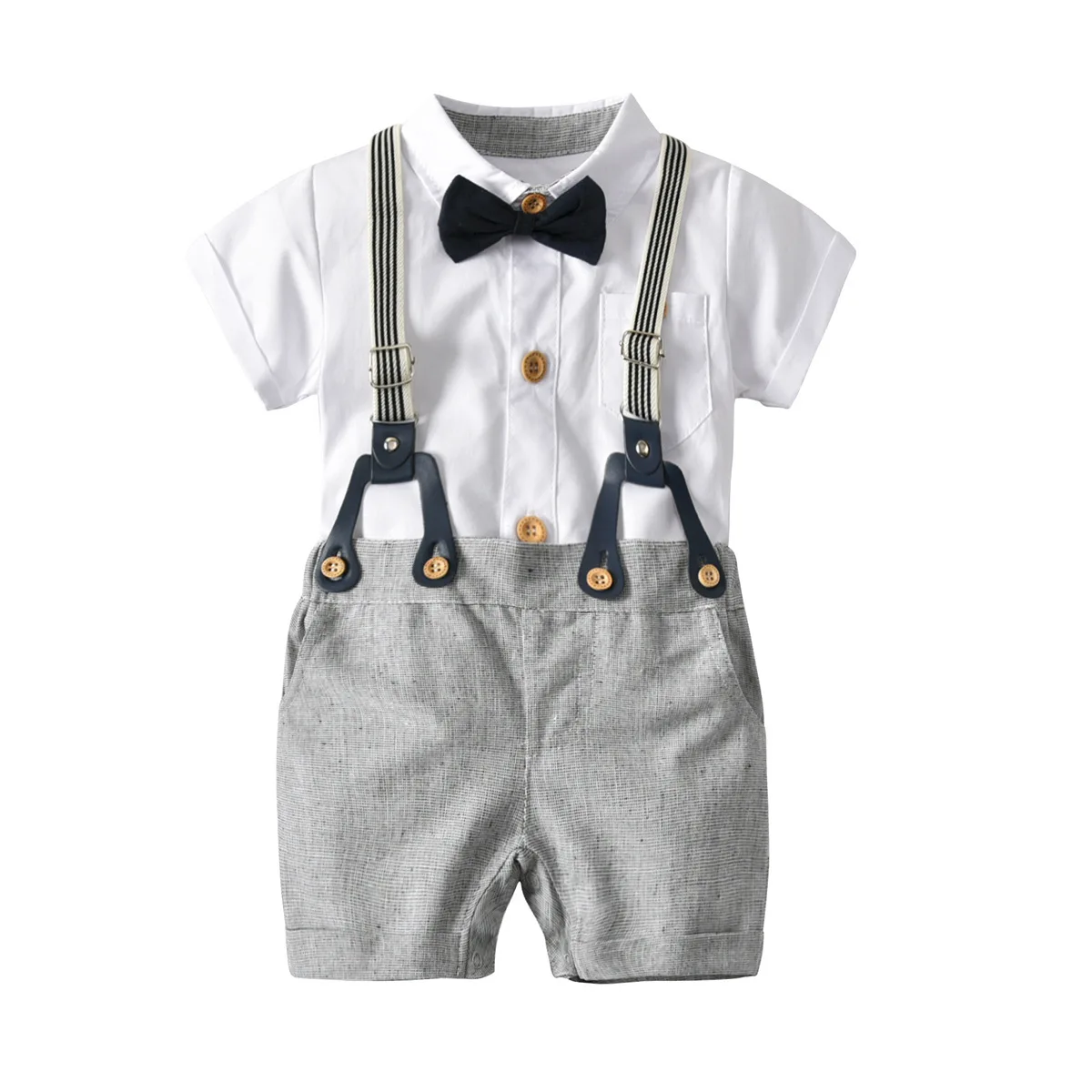 

Child Romper Set Foreign Trade Europe And America BOY'S White Romper Suspender Pants Bowtie Gentleman Three-piece Set