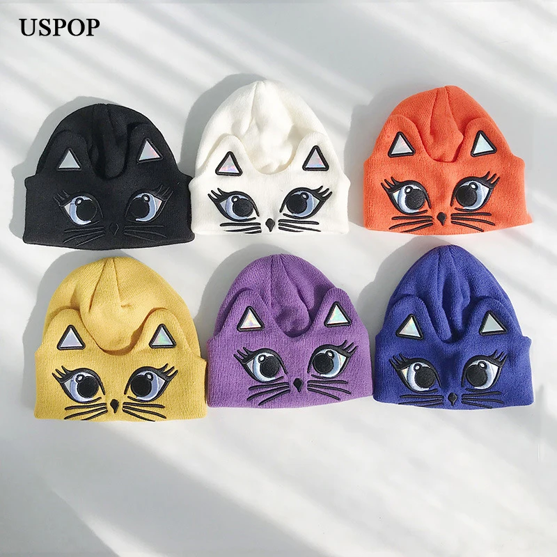 USPOP зимние теплые шапки милый кот вязанные шапочки с вышивкой для женщин skullies женские вязаные шапки