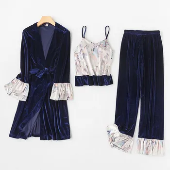 

Sexy 3PCS Pajamas Suit Sleep Set Female Sleepwear Velour Kimono Bathrobe Gown Autumn New Velvet Nightwear Pyjamas Homewear
