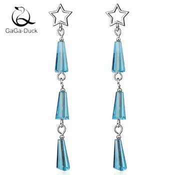 

New Fashion Jewelry Atmosphere Long Tassel 925 Sterling Silver Crystal Fan-shaped Five Pointed Stars Dangle Earrings E659