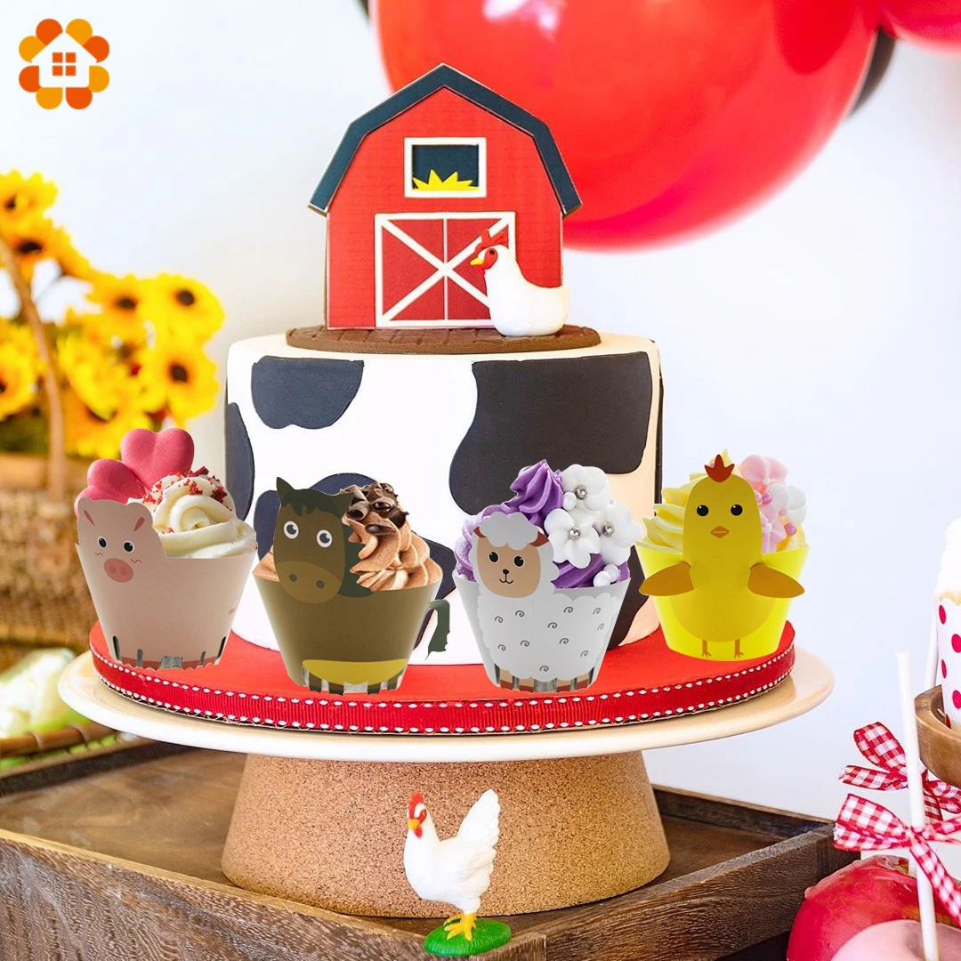 

1SET Kids Birthday Party Decoration Farmer Farm Party Cupcake Wrappers Farm Animals Chicken Horse Sheep Pig Cake Topper For