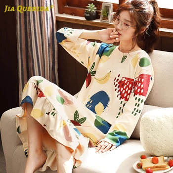 

Autumn New Womens Sleepwear Kawaii Banana Print Round Neck Long Sleeve Knee-length Falbala Night Dress Cotton Lingerie for Women