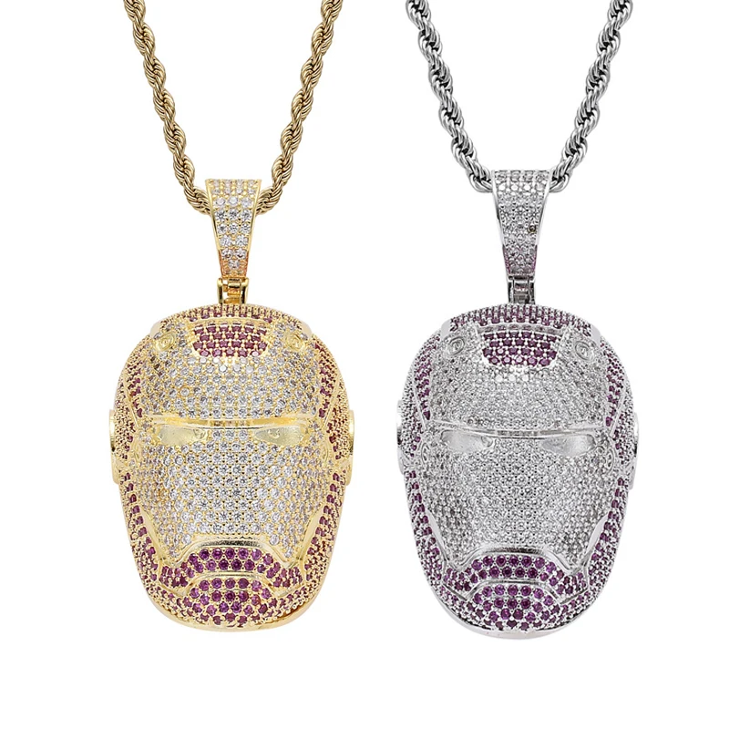 

Hip Hop Micro Paved Pink White AAA Cubic Zirconia Bling Ice Out Cool Iron Man Pendants Necklace for Men Rapper Jewelry Gold