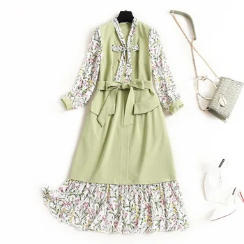 

2020 Spring New Dress Prairie Chic A-Line Patchwork Mid-Calf Long Sleeve Dresses Long with Long Sleeve bow collar
