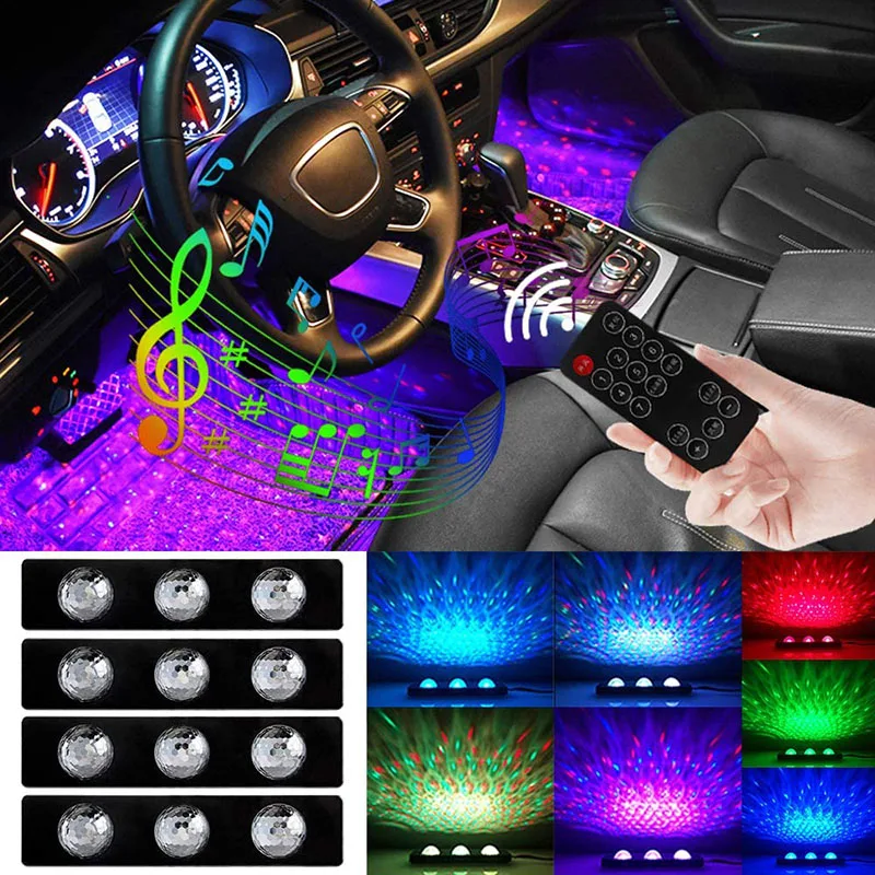 

Интерьер автомобиля атмосфера ножной светильник USB RGB светодиодный Звездный светильник окружающий декоративный ковер лампа комплект пульт дистанционного управления звук украшения лампа
