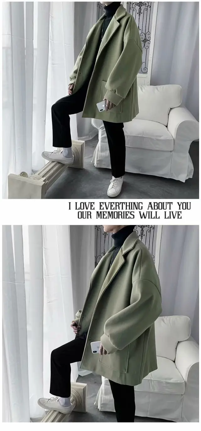 Woolen Coat Men's Fashion Solid Color Casual Long Woolen Jacket Men Streetwear Wild Loose British Style Coat Mens Overcoat M-3XL