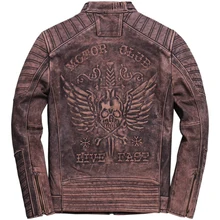 Винтажная коричневая Мужская мотоциклетная кожаная куртка с черепами размера плюс XXXXXL из натуральной воловьей кожи, облегающая Байкерская кожаная куртка