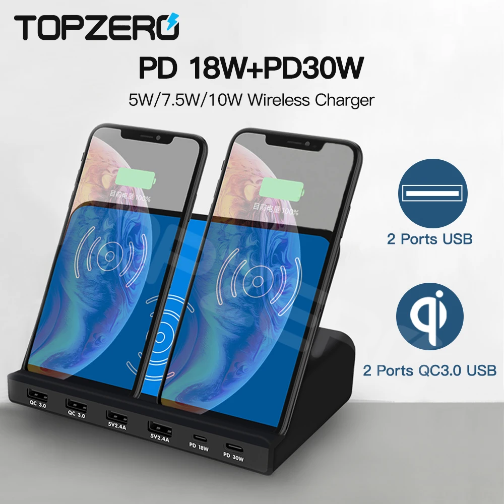 

TOPZERO 120W USB Charger Dual PD QC3.0 Fast Charger Socket 6 Ports USB Adapter Smartphone 10W Wireless Fast Charging Station