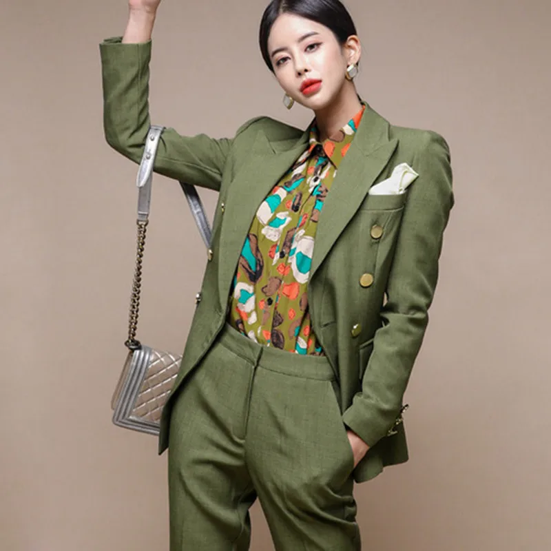 

2021 Lady Business Casual Plaid Suit Women Work Pants Suits Womens Formal Tuxedo Jacket Trouser Suits 2 Piece Blazer Set Outfits