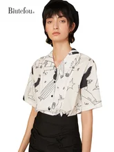 

2022 Summer Women Loose Short Sleeve Cartoon Doodle Shirt