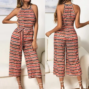 

Women Casual Striped Jumpsuit Summer Tie Up Rompers O-Neck Sleeveless Jumpsuits Wide Leg Pants Overalls