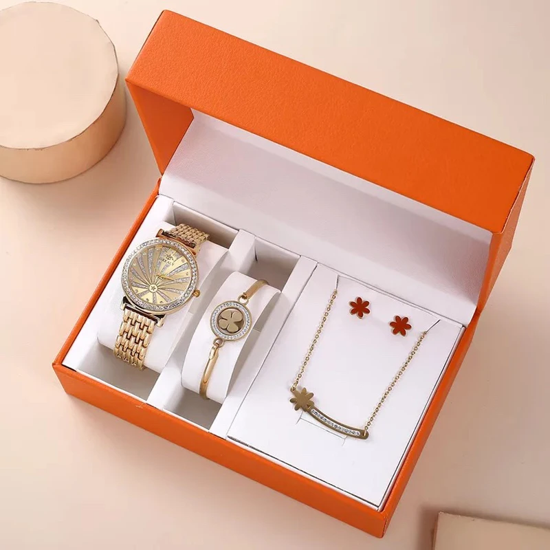 

Fashion Women's Watches Set Gold Large Dial Quartz Watch Earring Necklace Bracelet Female Jewelry Set Creative Gifts For Lady's