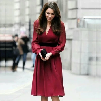 

Kate Middleton Red Sexy V-Neck Long Sleeve Pocket Party Temperament Slim Dress 2020 Spring Summer New Women High Quality