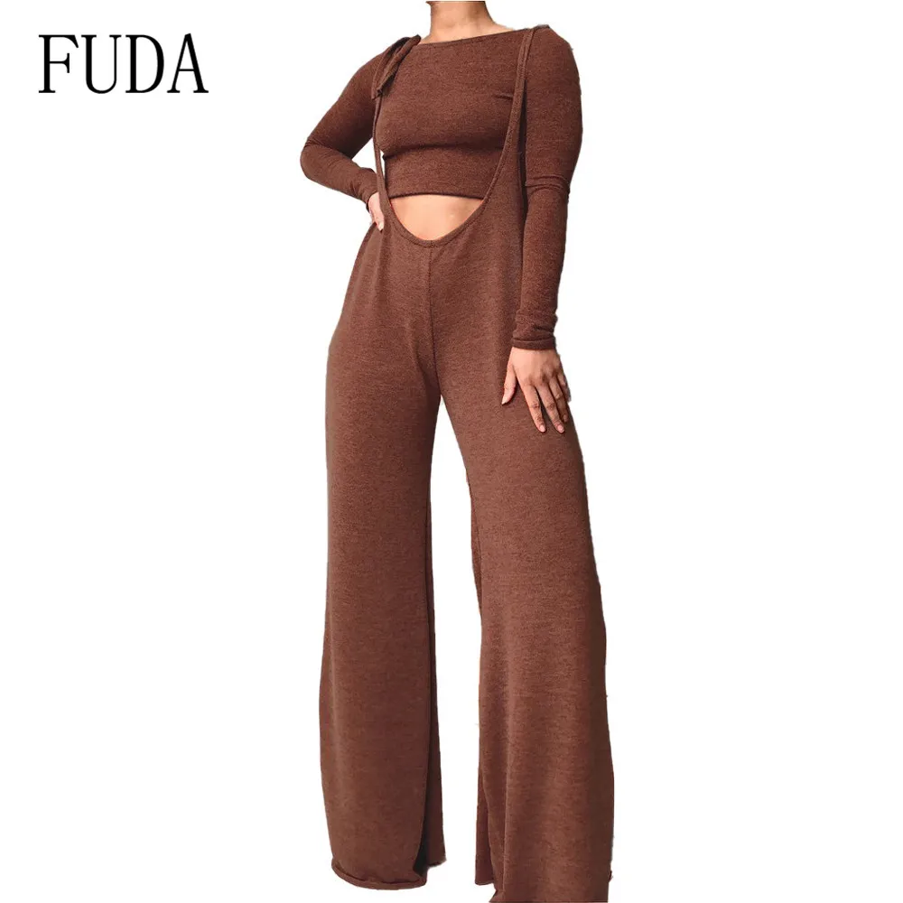 

FUDA Casual Two Pieces Sets Long Sleeve O-neck Top and Elegant Spaghetti Strap Loose Jumpsuits Fashion Femme Wide Leg Playsuits