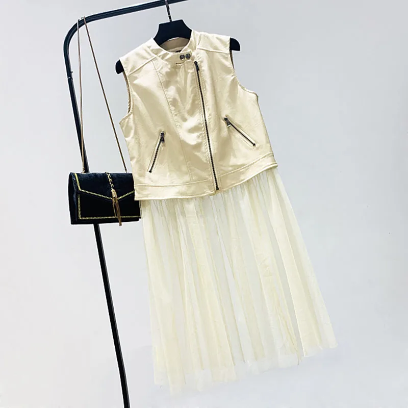 

Mid-length Korean Mesh stitching Faux PU Leather Vest Women Autumn Plus size Stand collar Zipper Sleeveless Coat Chaqueta Mujer