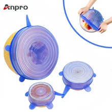Anpro, 6 шт., универсальные многоразовые силиконовые растягивающиеся крышки, пищевая упаковка, силиконовая крышка для кухонной посуды, миски, кастрюли, кулинарные кухонные принадлежности