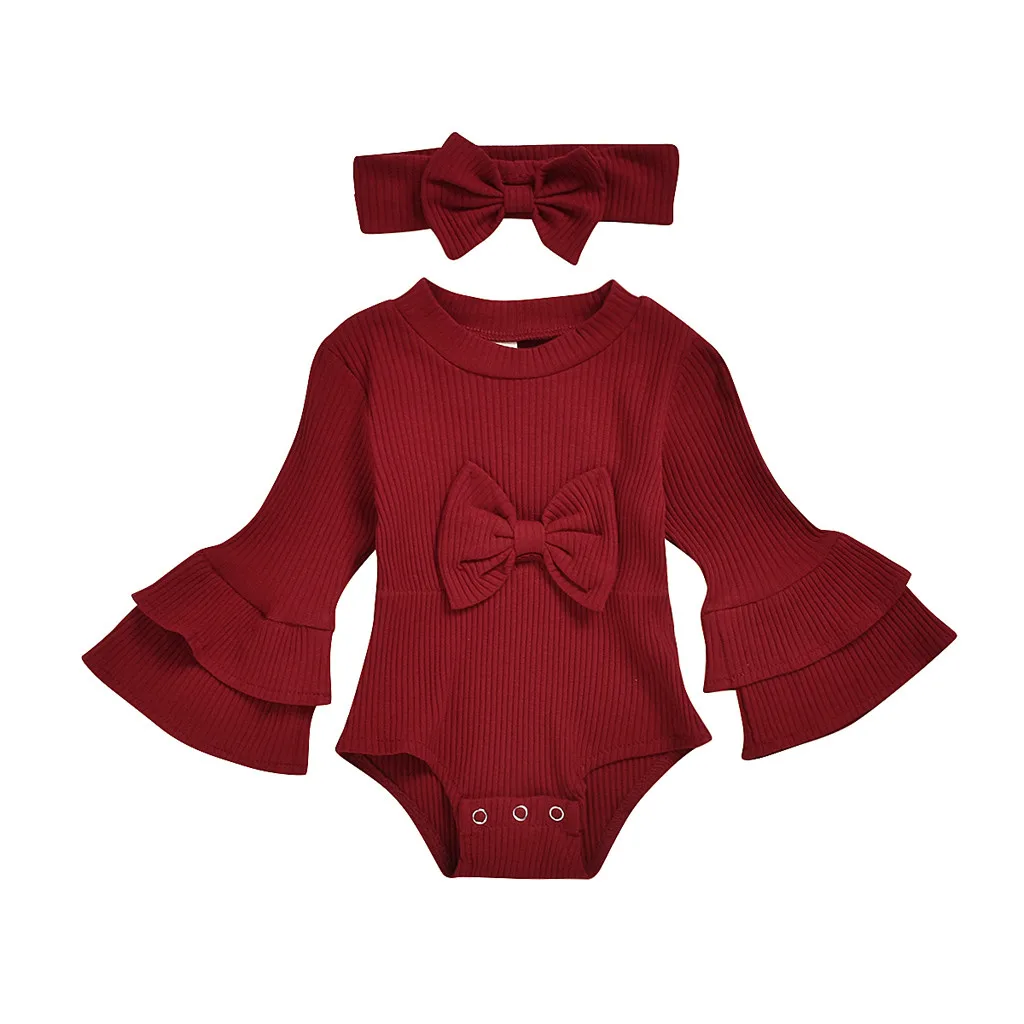 Одежда для маленьких девочек; боди для малышей; Одежда для девочек; Однотонный комбинезон с оборками и бантом для новорожденных девочек; боди+ повязка на голову; комплект одежды - Цвет: Красный