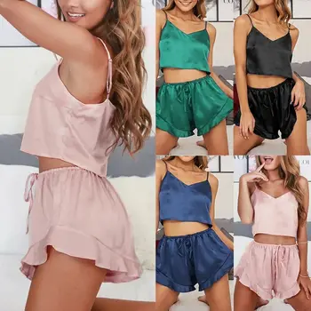

Thin Pajama suit Women Solid Satin Babydoll Sleepwear Pajama Sexy Lingerie Casual Cami Shorts Set