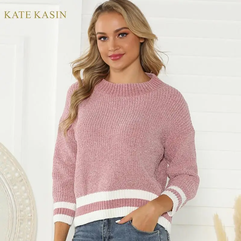 

Kate Kasin Sweater Jumpers Women's Casual Round Neck Striped Knitted Pullover Tops Autumn Winter Warm Pull Sweter Knitwear 2019