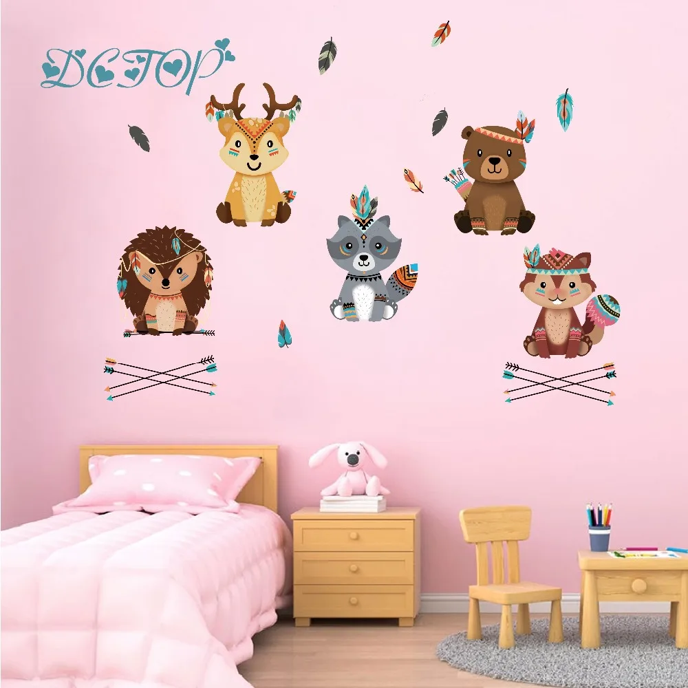 Cute Tribal Squirrel Deer Bear Hedgehog Forest Animal Wall Decals Stickers For Kids Nursery Room Home Mural DIY Art Vinyls Decor (4)