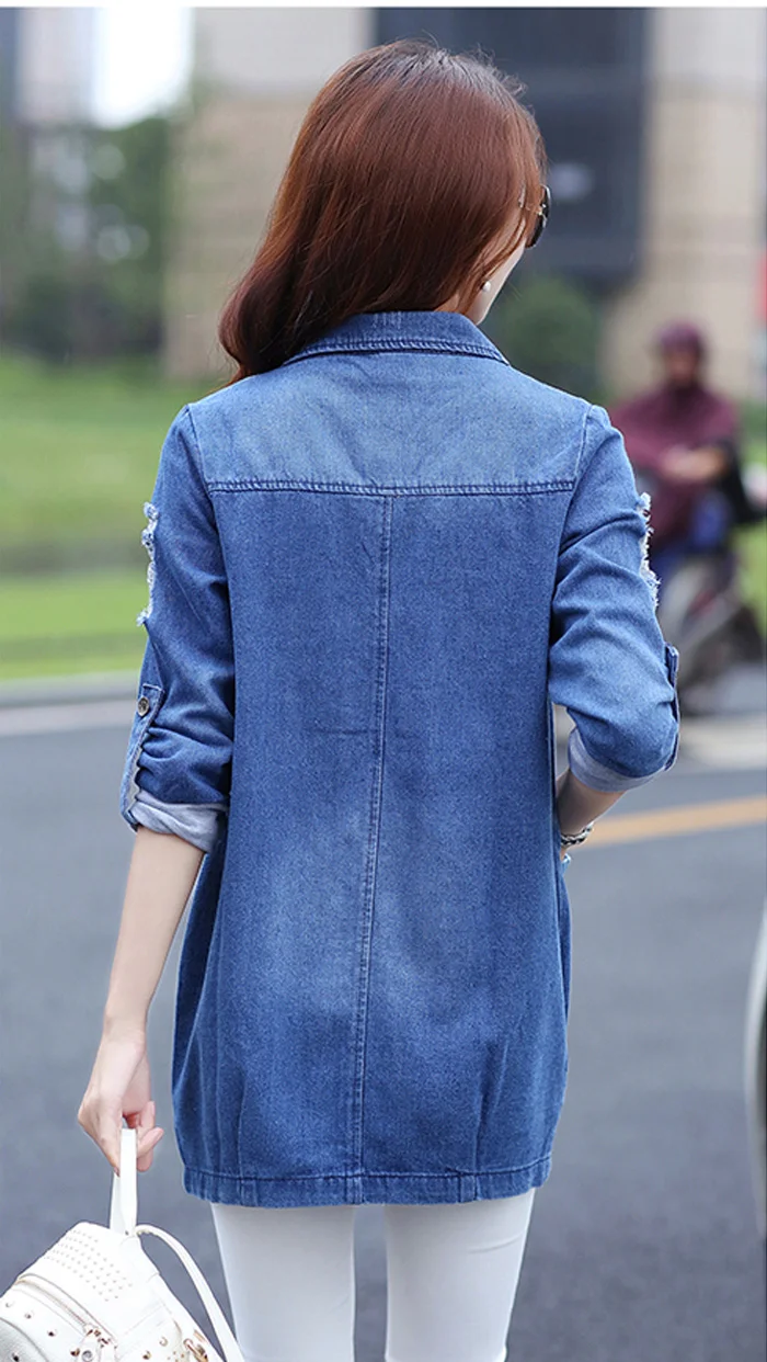 Базовые длинные джинсы, пальто для женщин, тонкая рваная джинсовая ...