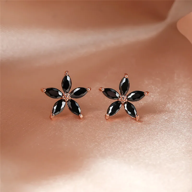 Cute Star Black Stone Flower Stud Earrings For Women Wedding Jewelry Vintage Gold/Black/Rose Gold/Silver Color Pentagram Earring