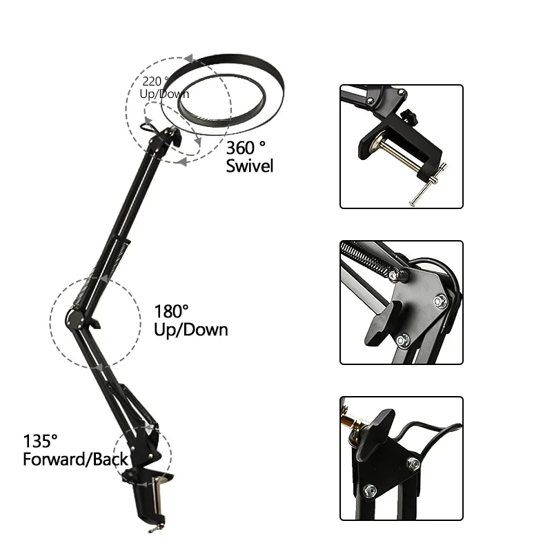  Lupa USB 5X con abrazadera de mesa Flexible de luz LED de tercera mano para soldar/leer/lámpara de 