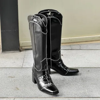 

Shiny black leather cowboy boots slim fit knee high long boots women's winter plus size shoes 43