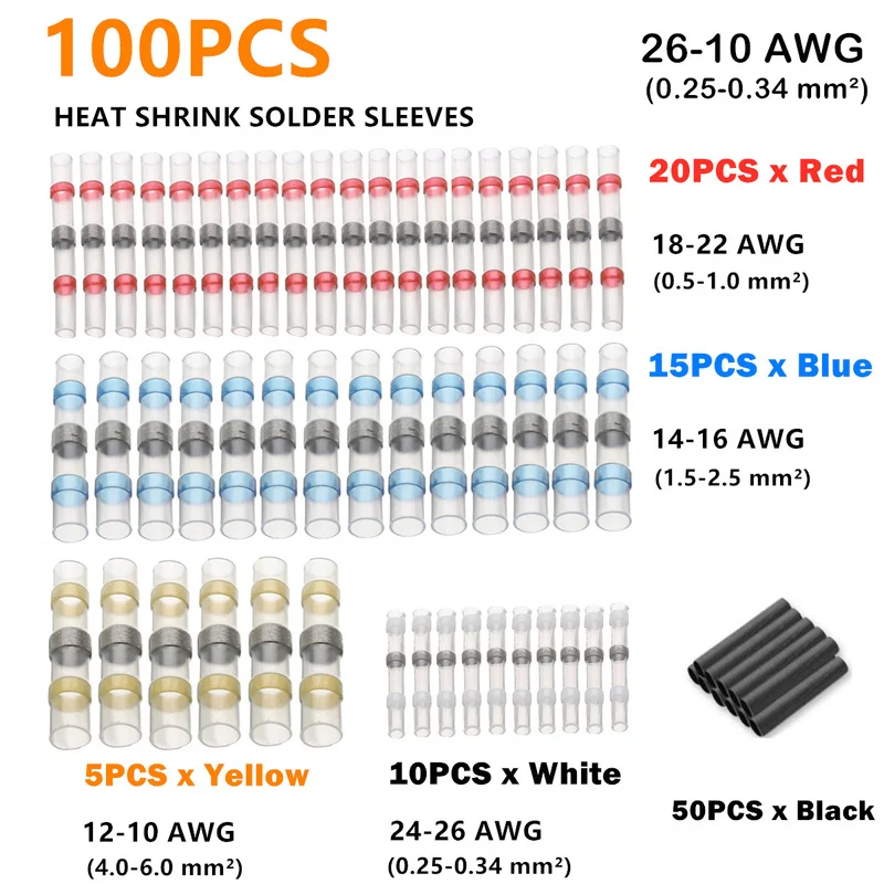 100Pcs 14-16 Waterproof Heat Shrink Sleeves Connectors Electrical Wire Terminals