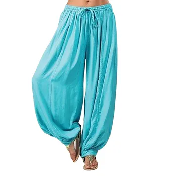 

Women Solid Color Casual Loose Harem Pants Cotton Linen Full Length Trousers