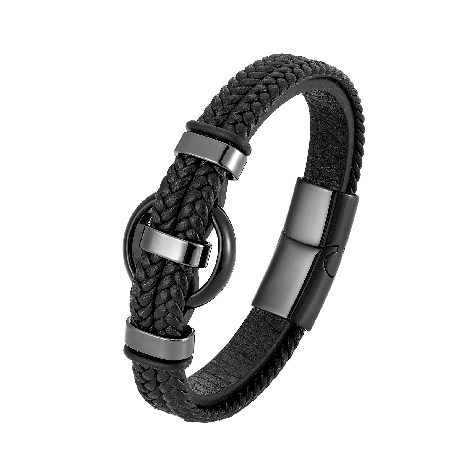 New Circle Natural Black Agate Charm Jewelry Bracelet 3 Wavy Design Leather Rope - Image 6