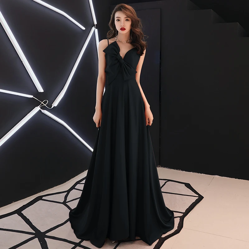 Женское элегантное сатиновое вечернее платье, черное, на одно плечо, Cheongsam, благородный бант, Qipao, сексуальное, v-образный вырез, Vestidos De Festa