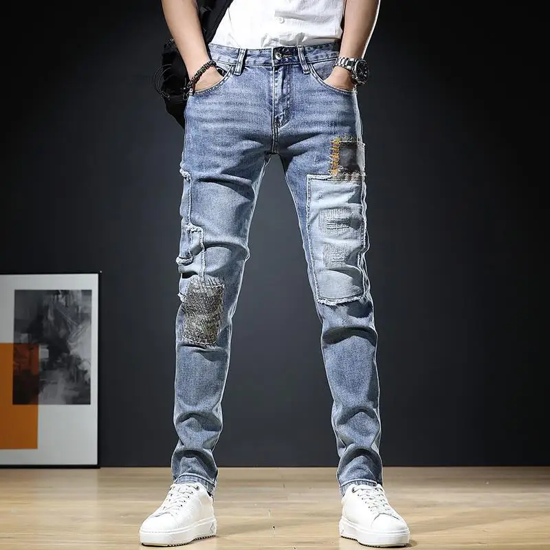 Land of Nostalgia Men's Skinny Ripped Beggar Patches Pencil Jeans Pant