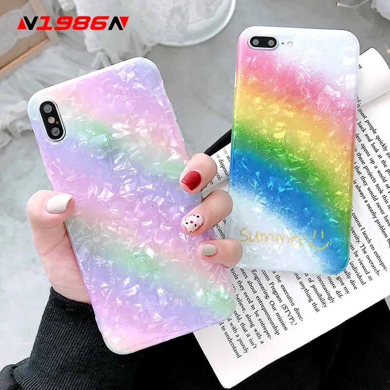 

N1986N For iPhone 6 6s 7 8 Plus X XR XS Max Phone Case Luxury Glitter Conch Shell Lovely Colorful Rainbow Soft IMD For iPhone X