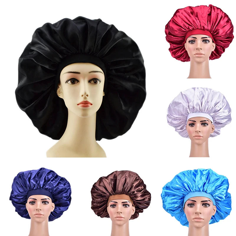 Extra Large Print Satin Silky Bonnet Sleep Cap With Premium Elastic Band For Women Solid Color Head Wrap