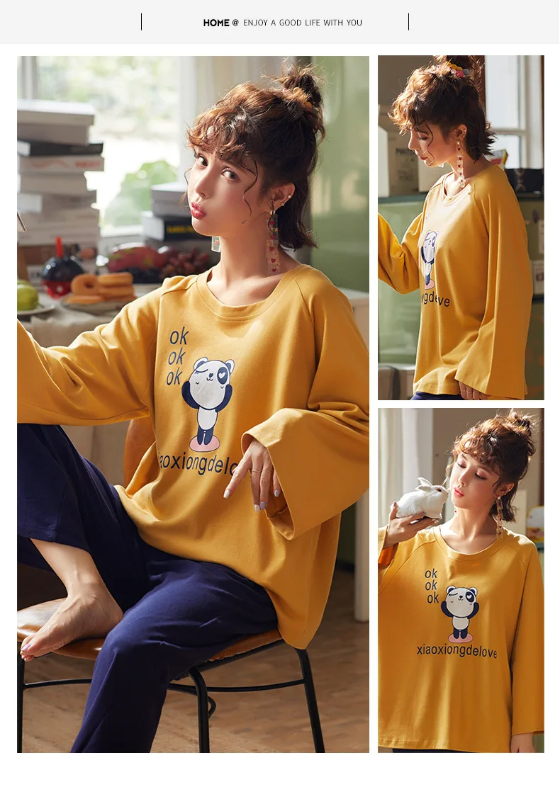 Пижамы женские осенние из чистого хлопка модные милые свободные пуловеры с длинными рукавами для отдыха с героями мультфильмов Домашняя