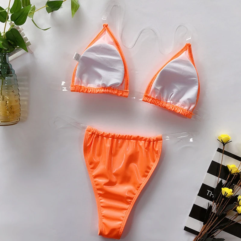 Peachtan Halter High cut swimwear women Transparent bathing suit Push up swimsuit female Brazilian bikini Neon biquini new