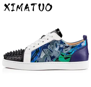 

Spring Lace Up Genuine Leather Men Shoes Rivets Stud Flat Mens Casual Shoes Low Top Spike Sneakers Runway Chaussures Hommes