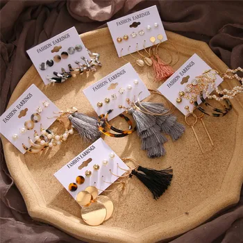 

Bohemian Tassel Acrylic Earrings For Women Pearl Crystal Shell Earrings Set Big Hoop Circle Geometric Drop Earrings 2020 Brincos