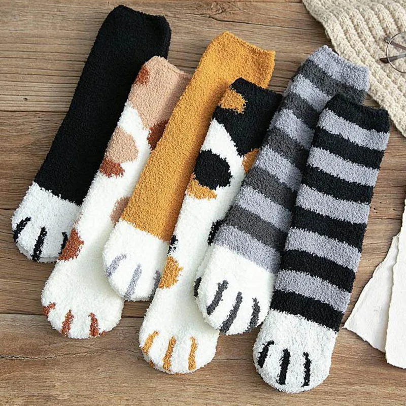 

Fashion Winter Thicken Warm Women Socks Cute Cat Paw Cartoon 6 Colors Lovely Sleeping Home Floor Bedroom Socks harajuku kawaii